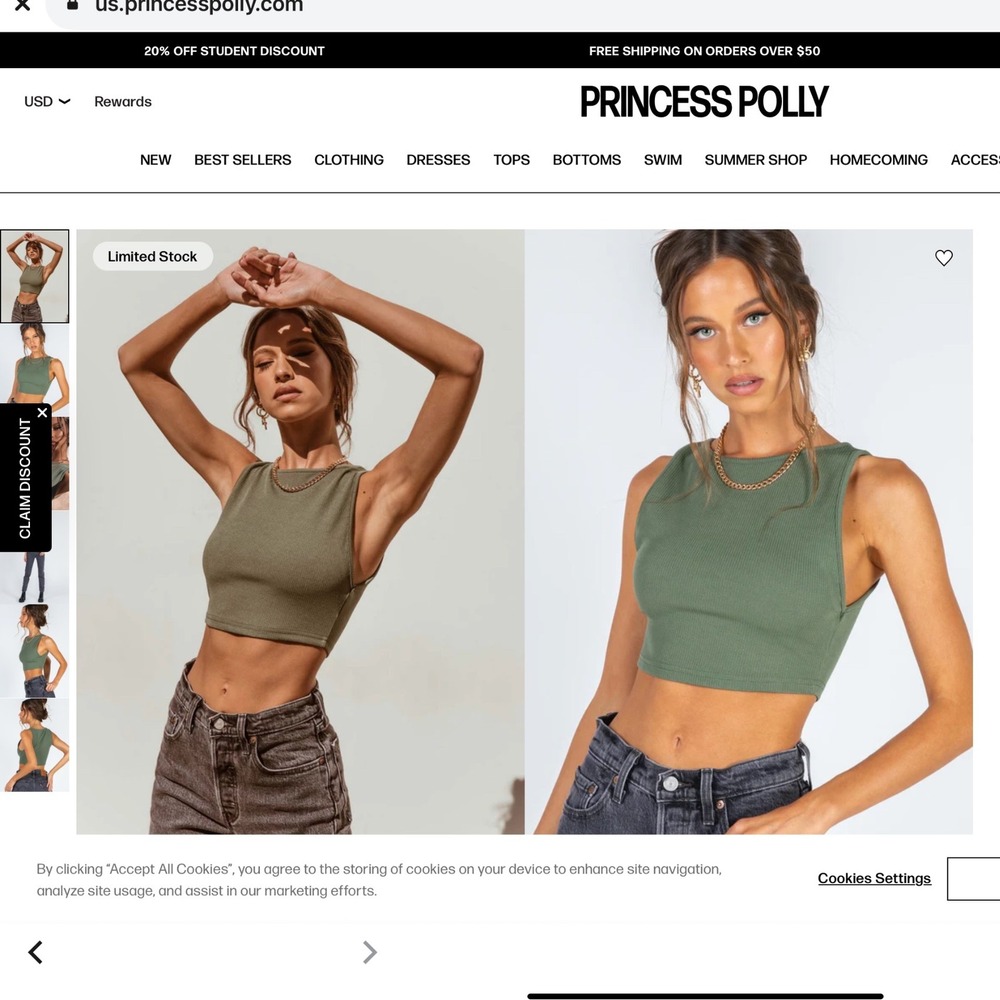 Princess Polly‎ Olive Green Crop Top Ribbed Sleeveless Tank Casual Size S